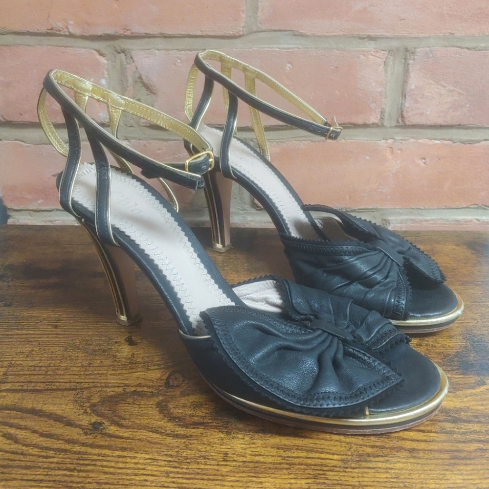 2009 Chloe Black Leather Heeled Sandals With Bow Details Size 39 European